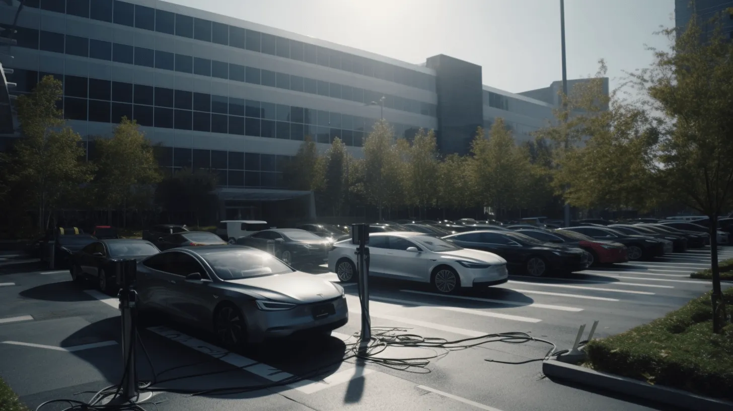 Image of a corporate parking lot with a lot of grid energy chargers
